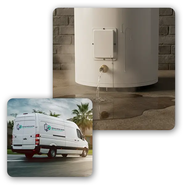 Leaking water heater and repair van in Houston, Texas