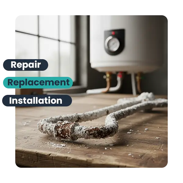 corroded water heater element on wooden table near modern heater unit for repair and replacement services